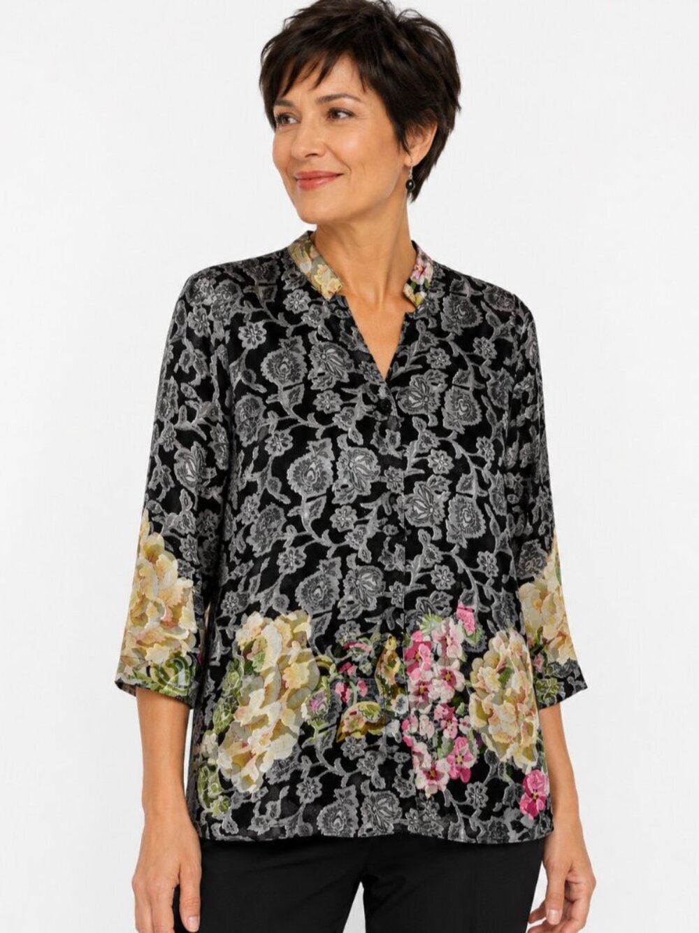 Citron Santa Monica Sheer Silk Burnout Floral Blouse